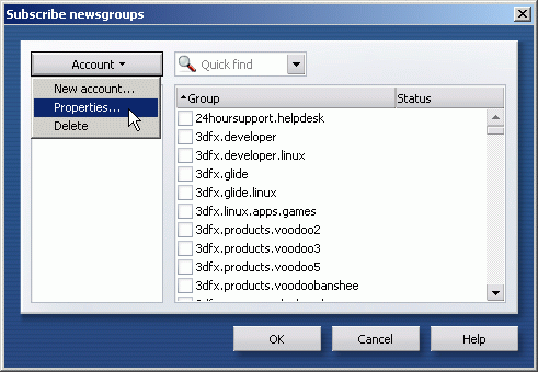 Subscribe newsgroups - Account / Properties